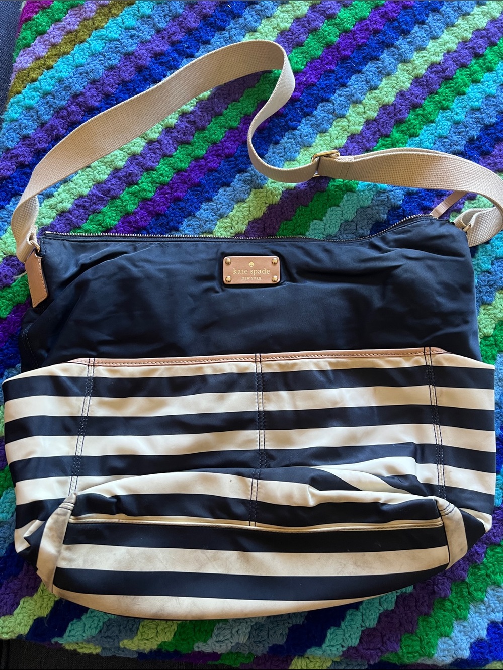 kate spade Blue and Cream Striped Shoulder Computer Baby Bag